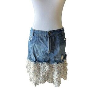 Vtg Y2K Asymmetric Tiered Floral Layered Denim Top Western Festival Skirt Jr Lg